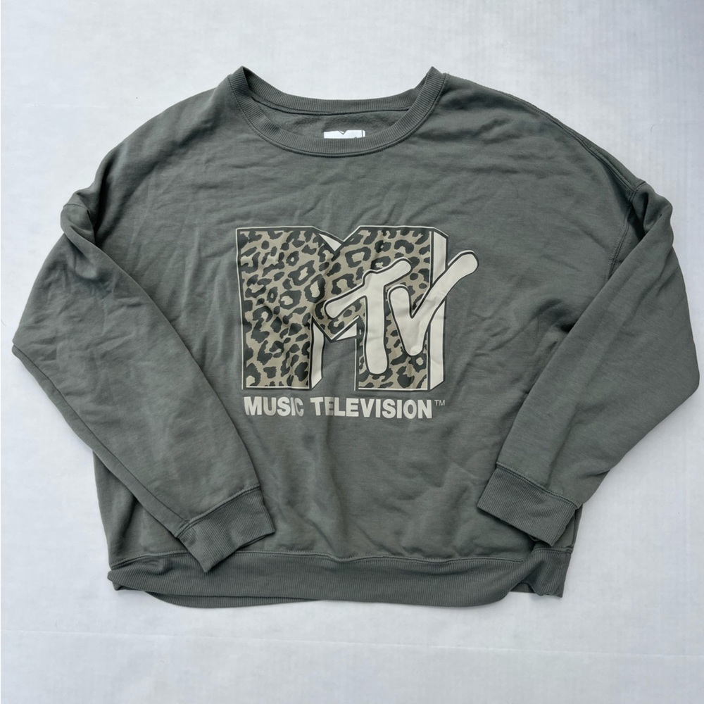 MTV, Music Television Crewneck Sweatshirt : Sage and Leopard :  Size XL